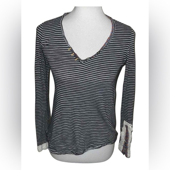 Anthropologie | Anthro‎ Little Yellow Button Striped Long Sleeve Tee Cuffs sz XS - Picture 1 of 8